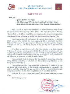 Thư cảm ơn về Lễ kỷ niệm 50 năm thành lập Viện Công nghiệp Giấy và Xenluylô